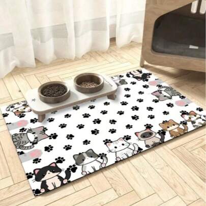 1pc Minimalist Cute Cat Pattern Pet Feeding Mat, Reusable And Easy To Clean, Multipurpose Absorbent & Quick Dry Dog Food Bowl Pad, Indoor/Outdoor Pet Feeding Mat, Home Decor Accessory, Suitable For Independence Day, Christmas, Halloween And Other Holidays