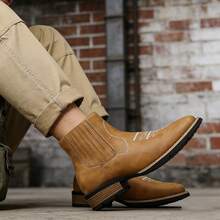 Men's Black Western Embroidery Chelsea Boots Retro Stitch Casual Ankle Boots