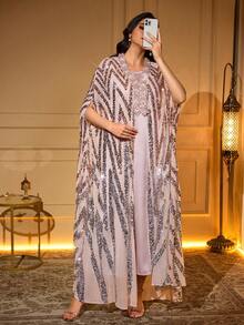 Elegant V-Neck Batwing Sleeve Robe With Contrast Sequin Decor, Non-Stretch Asymmetric Design Spring - Apricot - View 2