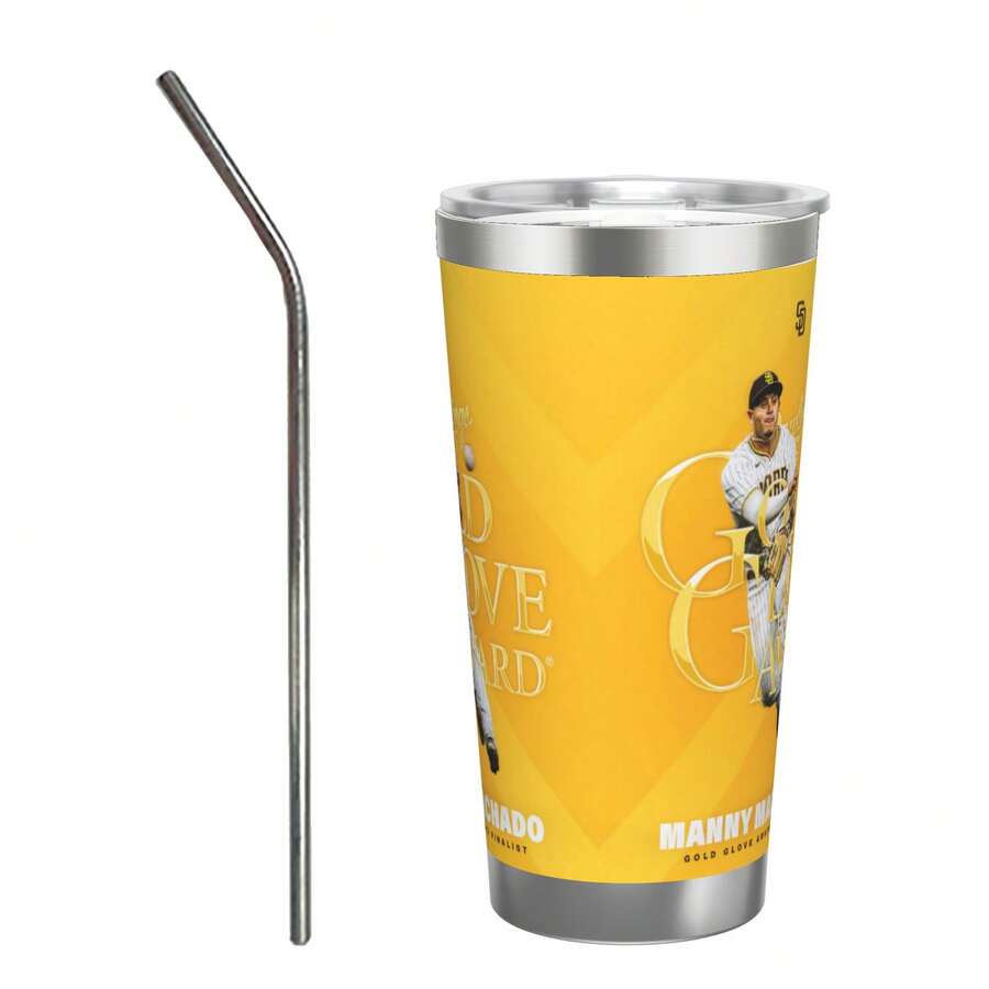 304 Stainless Steel Double Silver Edge Vacuum Insulated Drum 340g - Reusable Travel Cup With Stainless Steel Straw - This Is A Stainless Steel Water Cup About The Manny Machado Theme - Leak Proof, Sweat Proof, Can Maintain Hot And Cold Temperatures For Hours, Frees Of Bisphenol A, Suitable For Car Cup Holders, Very Suitable For Match Days, Sports Events, Commuting, Office Rest And Outdoor Activities, Durable Double Wall Structure Fashionable Fan Gift - Silver - View 1