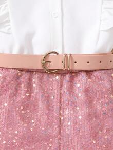 2pcs/Set Girls' Fashionable Elegant Ruffle Blouse And Beaded Shorts Set, No Belt, Summer