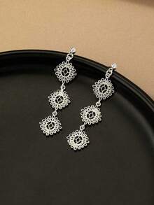 1 Pair Fashionable Gold, Pink, Silver, Antique Silver Hollow Hoop Earrings - Flower - View 6