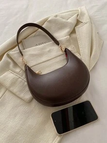 1pc Coffee Brown Crescent-Shaped PU Leather Shoulder Bag, Fashion Simple Solid Color Women Underarm Bag, Autumn/Winter , Old Money - 棕色 - 查看 2