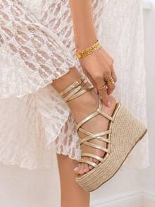 VIKIVIKI SHOES Women's Platform Sandals, Thin Strap Wedge Espadrille Design, Y2K Vintage Bohemian Style Inspired, Comfortable For Walking, Ideal For Summer, Vacation, Beach, Daily Walks, Relaxed Outfits, Dresses, And Fresh Day-To-Night Looks. Estimated Delivery: 1-3 Business Days (Peninsula) - 金色 - 查看 4