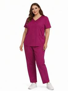 cimmuovere V-Neck Crossover Dual Pocket Short Sleeve Nurse Uniform Pants With Elastic Waist, Casual Commuting Outfit