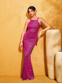 LOVE&LEMONADE Women's Fuchsia Sequin Backless Spaghetti Strap Elegant Sleeveless Formal Mermaid Evening Dress - Hot Pink - View 6