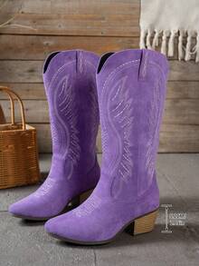 Women's Fashion Embroidered Solid Color Versatile Wedge Heel Side Zipper Wing Tall Boots, - Purple - View 5