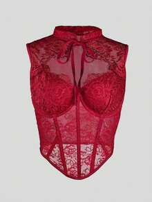 1pc Fashionable Y2K Lace Mesh Fishbone Bustier Crop Top, Sexy Fitted Corset Top For Party, Holiday Gift, Christmas, Valentine's Day, Halloween - Burgundy - View 8