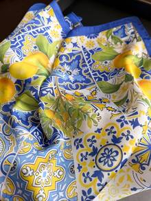 1条法式柑橘柠檬印花轻薄围巾，女士丝滑方形头巾披肩，适合海滩、街头、日常、度假，装饰性丝带 - FG158-3 藍色 - 查看 4