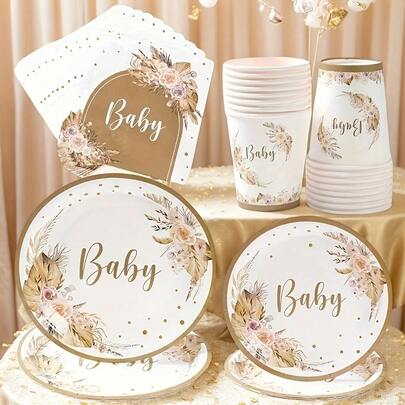 40 Stück Bohemian Geschirr Set, Bohemian Party Geschirr Zubehör, inklusive Einweg-Pappteller, Servietten und Pappbecher, Pampasgras Blumen Pappteller und Becher Design für neutrale Boho Party Ausstattung, geeignet für Geburtstagsfeiern, Feierdekorationen