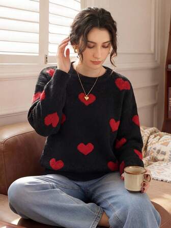 Knit Mix Suéter elegante con patrón de corazón tejido, cuello redondo de manga larga para mujer, corte holgado casual, adecuado para el Día de San Valentín, otoño/invierno