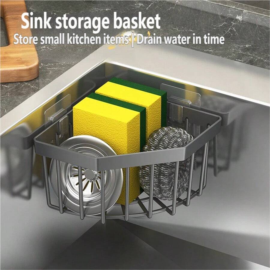 1pc Black/Gray Multifunctional Anti-Rust Sink Organizer Rack, Designed For Women. It Comes With Wall-Mounted Adhesive Soap Dish, Sponge Holder And Drain Plug, Can Be Installed On Kitchen Or Bathroom Countertop Without Drilling. Holds Dishwashing Brushes, Soaps And Other Items. - Multicolor - View 1