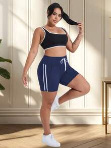 Quần short yoga/quần đạp xe cạp cao 12cm dành cho nữ cỡ lớn, có dây rút điều chỉnh, thiết kế sọc bên hông và túi, phù hợp cho mặc hàng ngày, làm quần legging, chạy bộ, tập thể dục, mùa xuân/hè. - Màu xanh hải quân - Xem 7