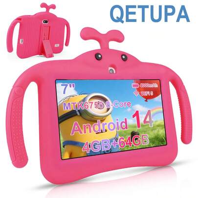 Qetupa 7-Inch Android 14 Children's Tablet With Shockproof Protective Case,Kids Tablet With Whale Design, MTK6755 Octa-Core 2.0GHz Processor, 4GB RAM + 64GB Storage, 1024*600 IPS Touch Screen, 2MP + 5MP Dual Camera, 4000mAh Battery, Bluetooth And 802.11ac/WiFi5 Support, Not Support SIM Card, Not Included Adapter – Gift For Boys And Girls: A Perfect Choice For Birthdays And Christmas. Combines Fun With Learning To Support Early Home Education