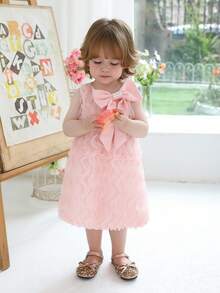 Baby Girls' Bow Tie Pink Dress With Ruffled Mesh, Hand-Beaded Elegant Party Princess Dress, Suitable For Baby's 1st Birthday Gift, Wedding Flower Girl, Festival Celebration - Pink - View 3