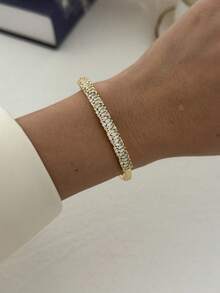 14K Gold Plated Rhinestone Embellished Minimalist Luxurious Bracelet & Bangle Set - Gold - View 16