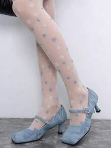 1双薄款浪漫白蓝星形提花丝袜，甜美少女风白色性感连裤袜，春夏款 - 彩色 - 查看 7