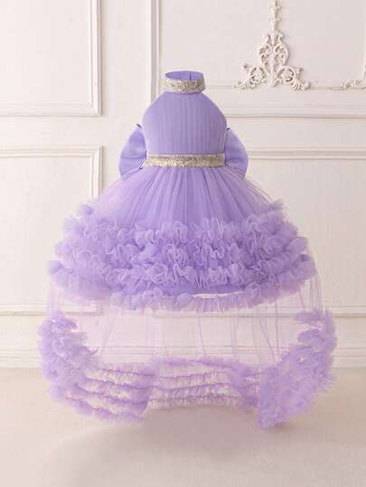 Baby Girls Sequin Mesh Backless Bow Cute 1st Birthday Trailing Dress, Suitable For Party, Flower Girl, Wedding, Without Headband