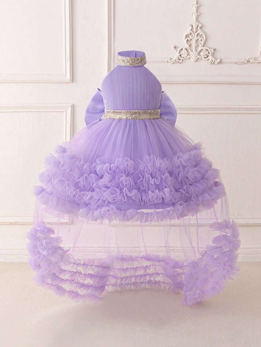 女婴亮片网纱露背蝴蝶结可爱一周岁生日拖尾礼服，适合派对、花童、婚礼等场合，不含头饰 - 淡紫色 - 查看 1