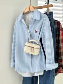 Women's Striped Front Button Bow Embroidery Blouse Spring - Baby Blue - View 4