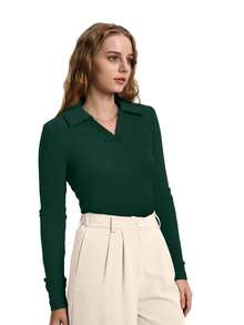 Polo Shirts Long Sleeve Business Casual Tops Collared V Neck Ribbed Knit Sweater Slim Fit Blouses - 綠色 - 查看 3