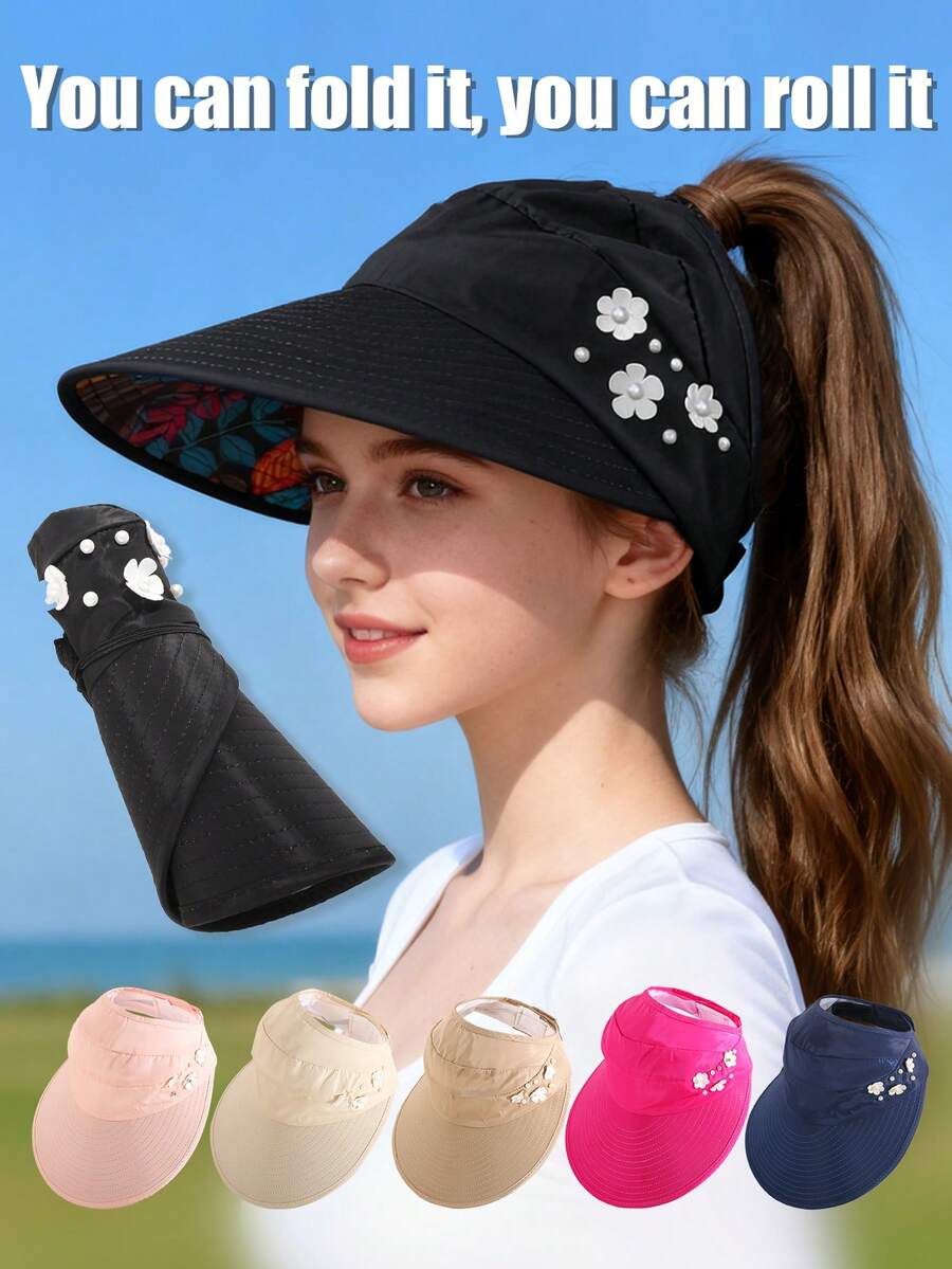 1 chiếc mũ chống nắng nhẹ, thoáng khí, có thể gấp gọn, trang trí hoa và ngọc trai, thích hợp cho các hoạt động ngoài trời, mặc hàng ngày và thể thao dành cho thanh thiếu niên. - 1PC - Xem 1