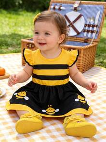 Girls' Striped Cartoon Bee Print Mid-Length Dress With Ruffle Sleeves, Lightweight Sleeveless Dress For Summer - Yellow - View 1