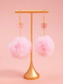 1 Pair Cute Butterfly & Faux Fur Ball Earrings, Suitable For Daily Wear