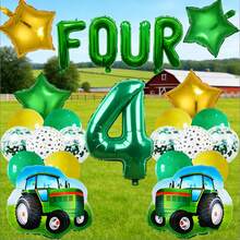 26件套拖拉机主题生日派对用品，包含数字气球、乳胶气球、星星气球和拖拉机图案气球，适合绿色拖拉机主题派对 - 彩色 - 查看 7