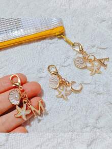 1pc Bohemian Style Gold Letter Keychain With Shell And Starfish Decoration, A-Z Letter Options, Suitable For Holiday And Beach Themes - Multicolor - View 7
