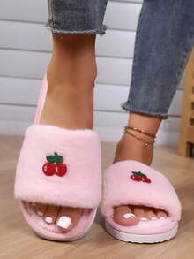 Sandal Rumah Wanita Terbaru dengan Motif Cherry Lucu, Bordir Plush, dan Ujung Terbuka, Sandal Lantai Dalam Ruangan yang Nyaman untuk Semua Musim - Berwarna merah muda - View 3