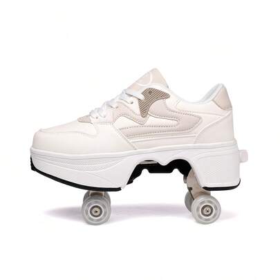 PHTEER Students Wheeled Roller Skate Shoes, With Retractable Wheel Button, 4 Wheels Auto Retractable, Comfortable, Suitable For Youth & Adults Outdoor Sports