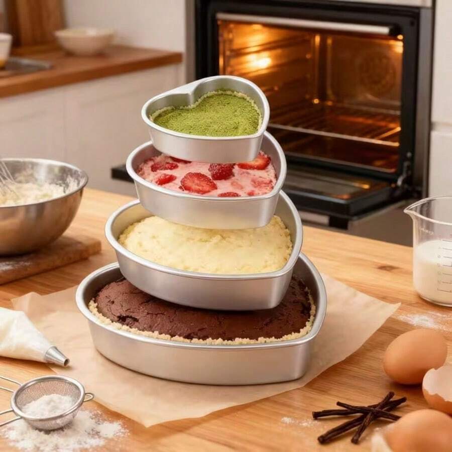 1 Juego de moldes de pastel con forma de corazón, moldes de pastel con forma de corazón para el Día de San Valentín, molde para hornear pasteles de chifón, accesorios de cocina, molde para hornear, molde de pastel de fondo fijo de aluminio antiadherente, perfecto para hornear, cumpleaños, bodas y reuniones familiares.