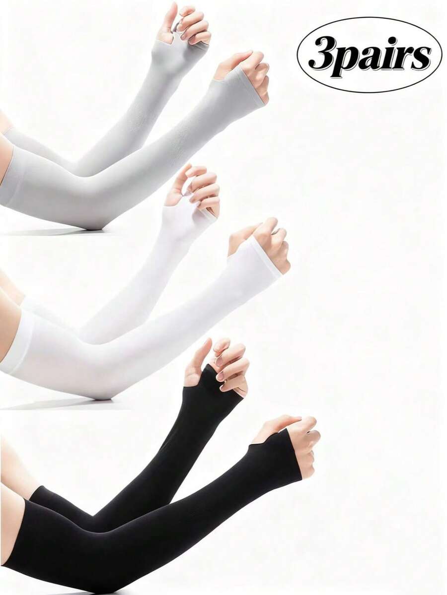 3 双装女士黑色、白色、灰色纯色露指袖套，透气防晒 - 彩色 - 查看 1