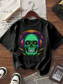 Tricou de vară pentru femei cu mânecă scurtă, casual, lejer, cu guler rotund, cool, craniu verde, cu căști colorate și imprimeu grafic cu fulgere, streetwear, la modă, moale, din amestec de bumbac, confortabil, pentru purtare zilnică, ținute de weekend în vacanță - Negru - Vizualizare 1