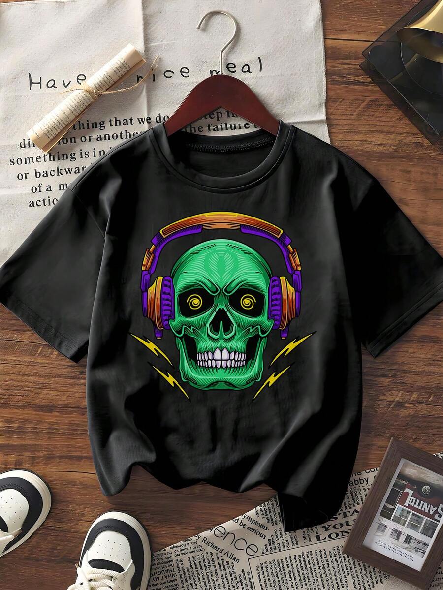 Tricou de vară pentru femei cu mânecă scurtă, casual, lejer, cu guler rotund, cool, craniu verde, cu căști colorate și imprimeu grafic cu fulgere, streetwear, la modă, moale, din amestec de bumbac, confortabil, pentru purtare zilnică, ținute de weekend în vacanță - Negru - Vizualizare 1