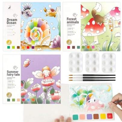 CYPNTGEXYI 3 Piezas Acuarela para Niños Acuarela Mágico con Agua y Pigmentos Pintura en Acuarela con Pinceles y Tableros para Colorear Regalo Preescolar para Niños de 3 a 7 AñosFashion