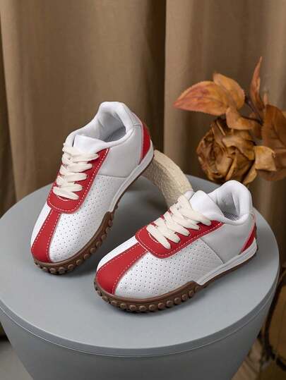 1双儿童休闲运动鞋，套脚式，红白配色，时尚百搭，系带设计，中/大童运动鞋，适合日常和上学穿着