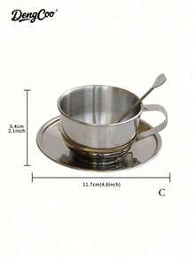 Dengcoo 3 PiecesCoffee Cup Set, Milanese Style Coffee Cup Set, Stainless Steel Coffee Cup With Saucer And Spoon, Ins Style Mug, Tea Cup, Espresso Cup, Pour Over Coffee Cup, Suitable For Holiday Gifts, Home And Back To School Season - Cup - View 9