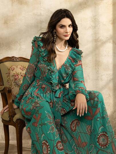 Faeriesty Mono elegante de hombros abiertos y pierna ancha, con estampado floral en todo el diseño, escote en V profundo en la espalda, detalles con volantes, mangas abullonadas y silueta de pierna ancha, adecuado para invitada de boda, sesión de fotos nupcial, cena formal, cena romántica de aniversario y celebración de fiesta de jardín en primavera