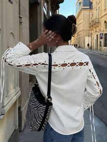 White Relaxed Fit Button Up Blouse | Tie Cuff Flap Pocket Shirt For Date & Brunch - White - View 8