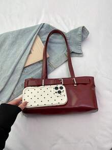 1个复古大容量手提包，通勤超大腋下包，时尚摩托车手提包，PU纯色油蜡皮革，带肩带装饰，拉链封口，女士单肩包，适合工作、大学生背包、短途旅行、度假、购物、商务等场合，日常使用皆宜。 - 酒紅色 - 查看 3