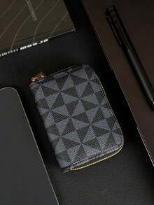 HOVI'S Men Card Holder Black Gray Geometric Pattern Fabric Full Zipper Closure - Multi Card Slots Compact Portable New Year Gift Valentine's Day Gift Valentine'S Day - Black - View 3