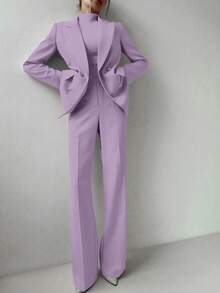 3pcs Women Solid Color Camisole Top, Jacket And Pants Set, Autumn/Winter Spring - Mauve Purple - View 4