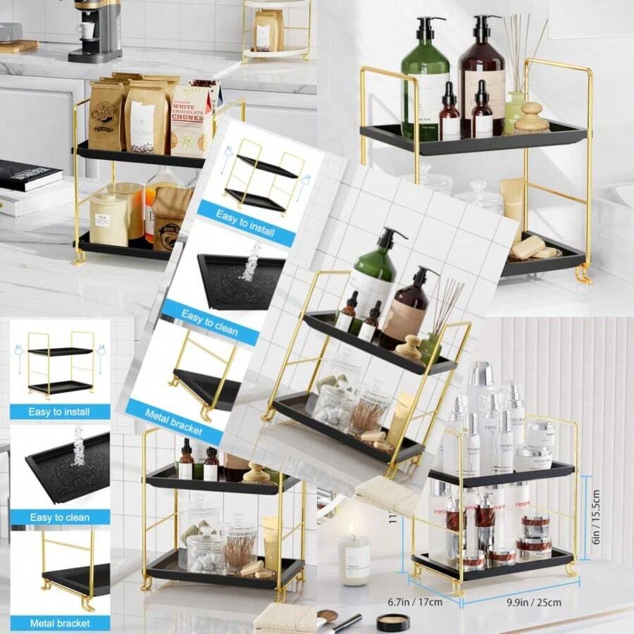 FSyueyun 2-Tier Bathroom Countertop Organizer Tool-Less Installation Premium Plastics Makeup Shelf Organizer Perfume Skincare For Dresser Vanity Tray Organizers And Storage Gold And Black - 金黑 - 查看 1