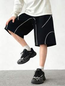 男士黑色短裤，饰有白色弧形缝线细节和弹性腰带，街头风 - 黑色 - 查看 3