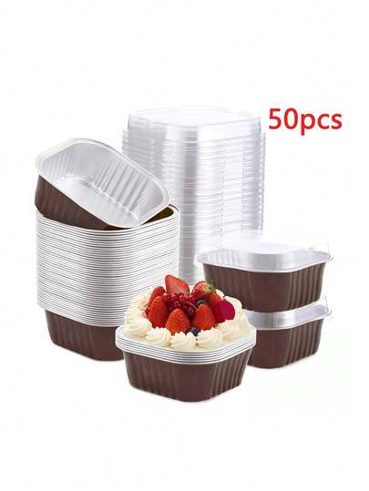 Molde para pastel cuadrado de 50 piezas con tapa, molde de aluminio para cupcakes de postre con tapa, mini molde para pan con tapa, capacillos de papel de aluminio para hornear, capacillos de papel para hornear desechables, capacillos de postre adecuados para bodas, fiestas de cumpleaños, picnics, 5 oz (plateado).