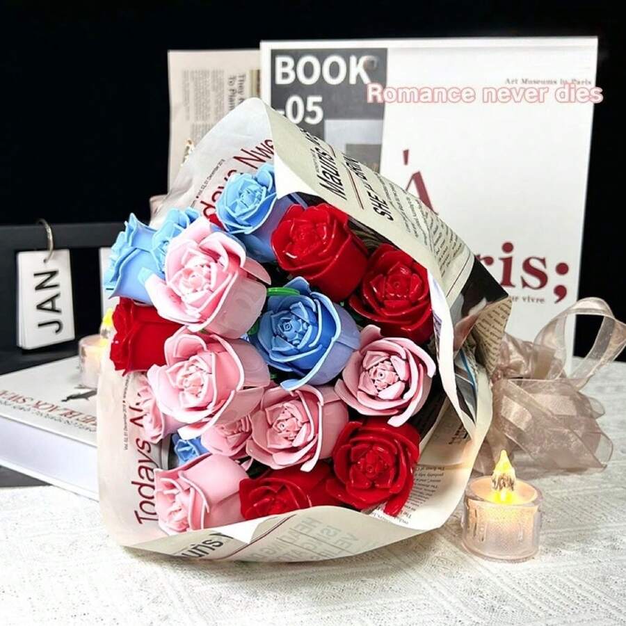 305+片DIY红色、粉色、蓝色拼装积木玫瑰花,积木花,桌面装饰,情人节、圣诞节和万圣节礼物,送给女朋友的最佳礼物(不含花瓶) - 彩色 - 查看 1