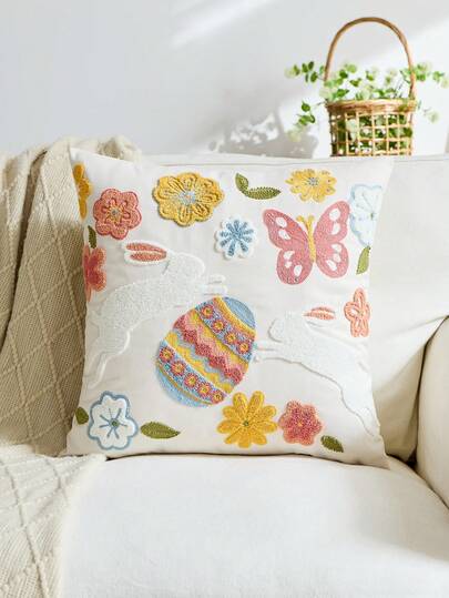 1pc Easter Bunny & Eggs Embroidered Decorative Pillow Cover, Spring Floral & Butterfly Cushion Cover, Suitable For Indoor Decor, Spring/Summer Pillow Sham, Pillow Insert Not Included