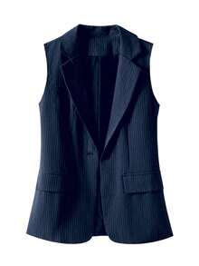 Women's Sleeve Striped Patchwork Single-Button Regular Blazer Vest, Solid Color Pocket Button Office Wear Spring - Navy Blue - View 4